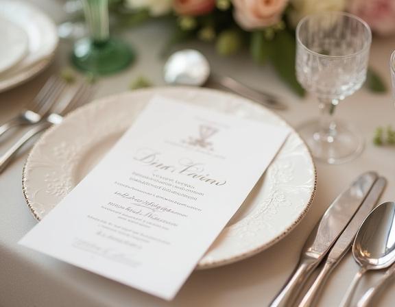Primer plano de los cubiertos y la papelería en una mesa de boda.