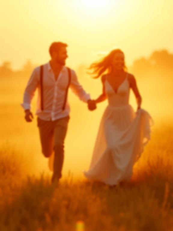 Pareja de recién casados riendo en un campo al atardcer.