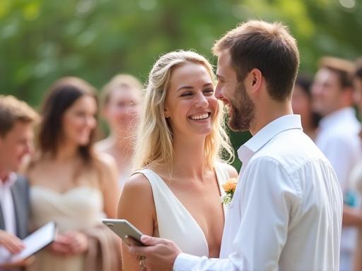 Una pareja de recién casados sonriendo mientras la coordinadora de bodas supervisa en segundo plano.